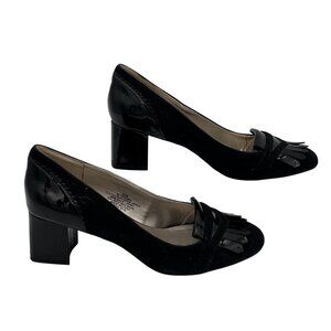 Bandolino Womens Black Suede & Patent Leather Block Heel Shoes Size 6.5